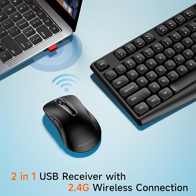 Wireless Keyboard and Mouse Combo, memzuoix 2.4G Full-Size Ergonomic Keyboard Mouse Set, Lag-Free Cordless One USB Receiver for PC, Laptop, Windows, Mac (Black Keyboard + Black Mouse)