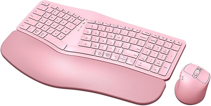 MK960 Ergonomic Wireless Keyboard Mouse Combo, Bluetooth/2.4G Split Design Keyboard with Palm Rest and 4 Level DPI Adjustable Wireless Mouse Multi-Device, Rechargeable, for Windows/Mac/Android(Pink)