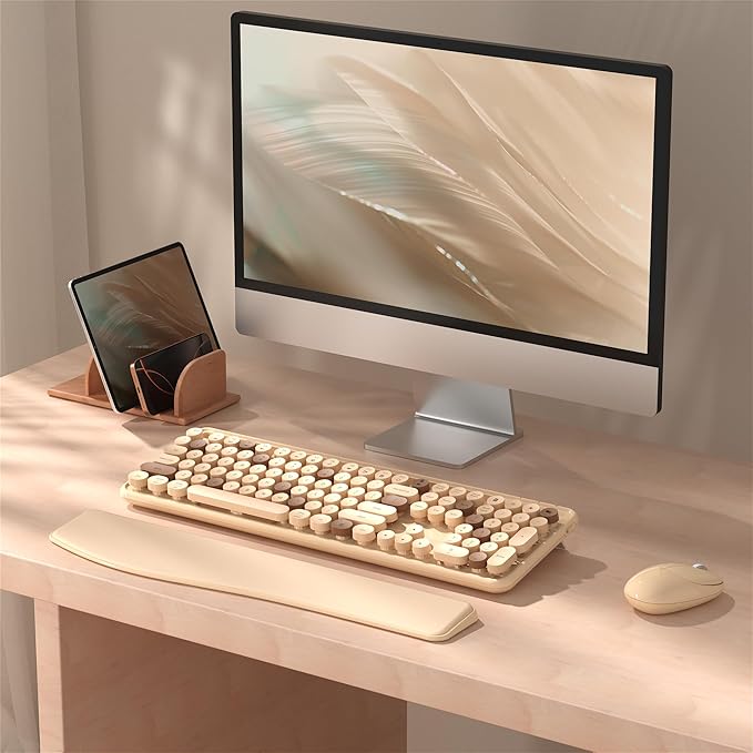 Colorful Wireless Computer Keyboard and Mouse Combo with Phone Holder, Wrist Rest, Typewriter Keys, 2.4GHz Wireless, Full-Sized Optical Mouse for PC and Laptop (Milk Tea)