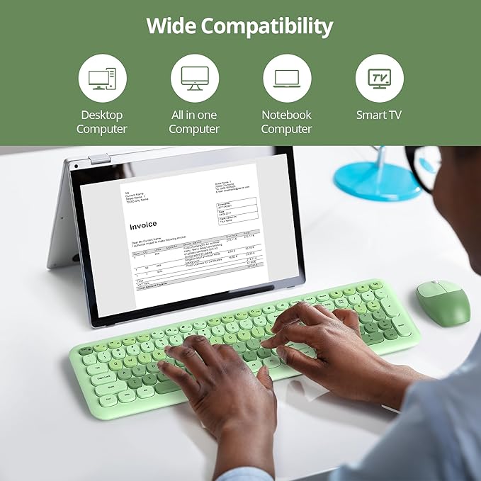 surmen Cute Green Keyboard and Mouse Wireless, Full-Size Retro Typewriter Wireless Silent Colorful Keyboard Low-Noise 2.4GHz for Home and Office（Light Green）