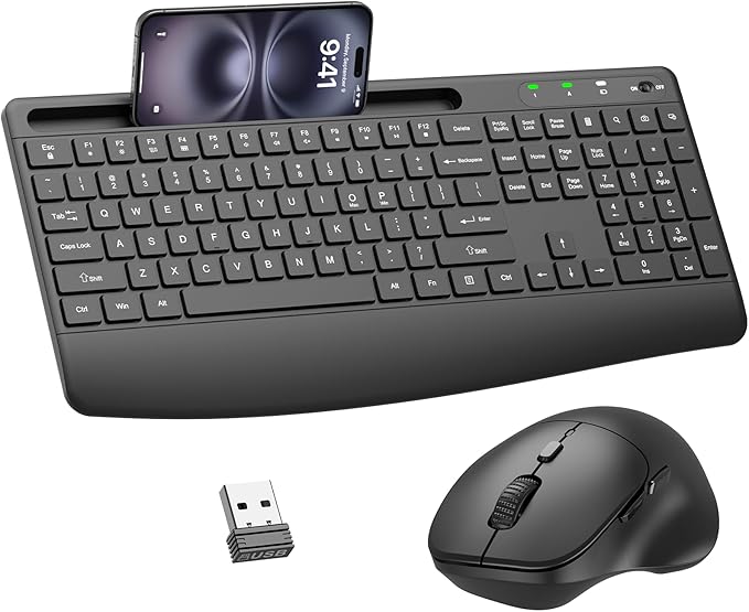 Wireless Keyboard and Mouse Combo, 2.4G Full Size Silent Ergonomic Keyboard with Wrist Rest, Phone Holder, 3 DPI Adjustable Ergonomic Quiet Mouse for Windows, Mac OS Desktop/Laptop/PC(Black)