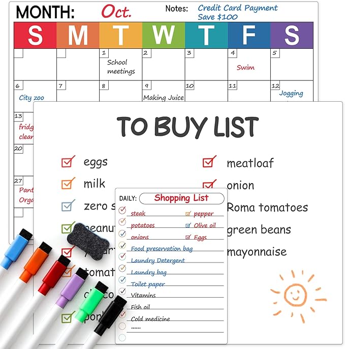 3 Pack Dry Erase Magnetic Calendar for Refrigerator - Monthly & Blank & Daily Planner Magnet Whiteboard for Fridge Wall - Shopping, Meal/Menu, to Do List, Family Schedule Planning Board (9CO-3RIKO)