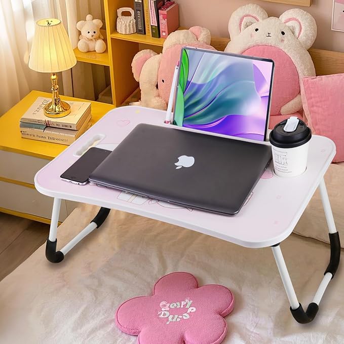Laptop Desk Foldable Kawaii Bed Desk Table Cute Folding Breakfast Tray Portable Lap Standing Desk Notebook Stand Reading Holder for Bed/Couch/Sofa/Floor (Pink)