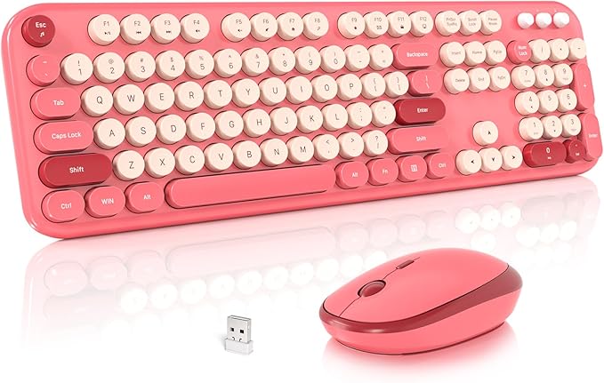 MOFII Wireless Keyboard and Mouse Combo, Cute Keyboard Full Size and Wireless Mouse, 2.4GHz Retro Typewriter Keyboard Mouse Set for PC/Desktop/Laptop/Windows (Hot Pink)