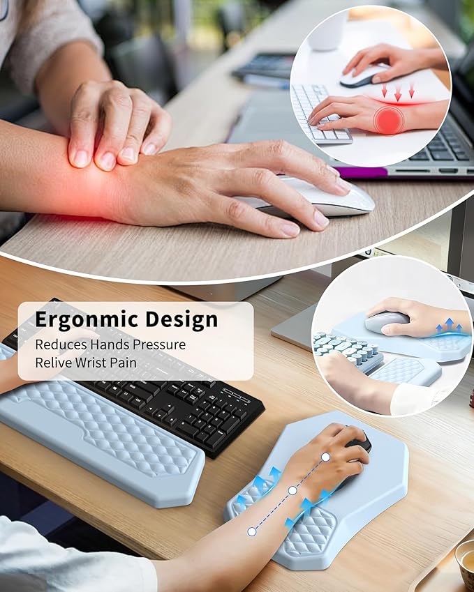 Ergonomic Mouse Pad Wrist Rest Support, Massage Design Surface for Carpal Tunnel Pain Relief, Memory Foam, Non-Slip PU Base for Computer Desk, Sky Blue