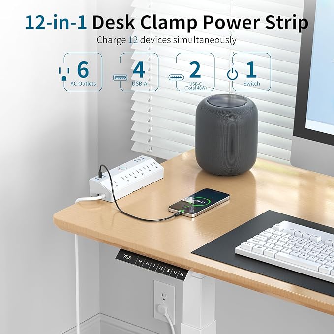 40W Fast Charging Station, Desk Clamp Power Strip 10FT Extension Cord, JXGUCAT Removable Desk Mount Flat Plug Power Strip Surge Protector, 2 USB-C Ports, 6 Outlets, Fits 1.8" Tabletop Edge