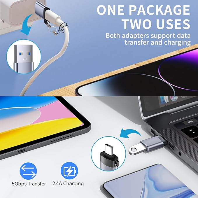 USB to USB C Adapter, USB C Male to USB 3.0 Female 2 Pack, C Female to A Male Charger Converter Compatible for Apple Watch Ultra 8 9,iPhone 15 Pro Max 14 13 OTG, MacBook Air iPad Samsung Notebook Grey
