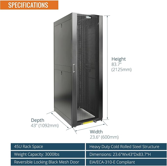 Tecmojo 45U Server Rack Cabinet - PRE-Assembled 24inch Width 43inch Depth IT Network Equipment Cabinet Rack Enclosure with Casters - 3000lbs Weight Capacity(06Black)