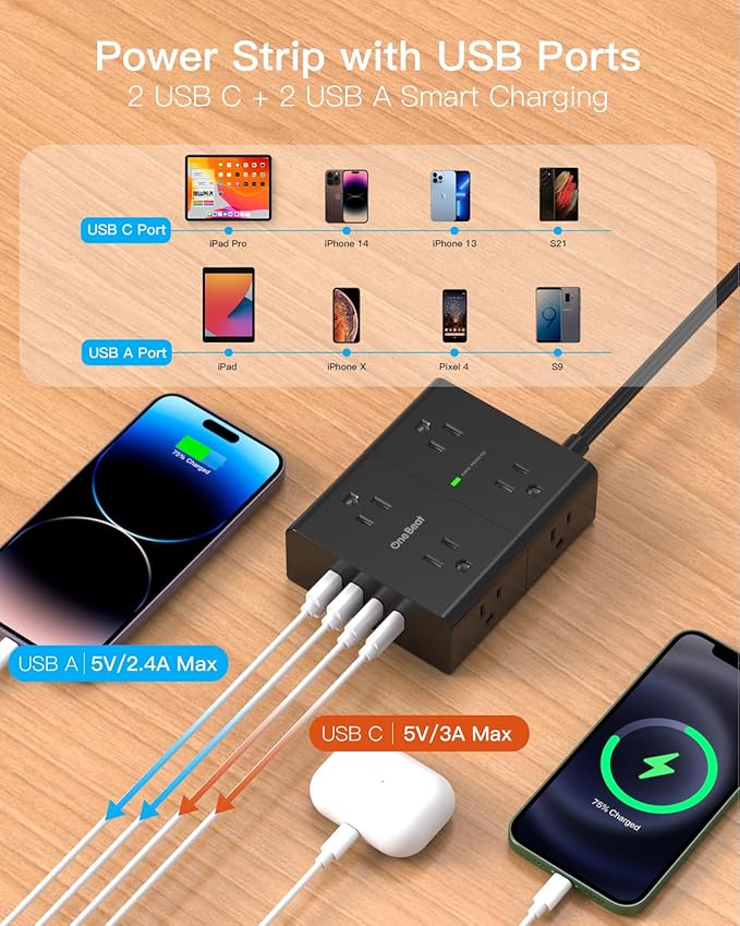 6Ft Extension Cord with Multiple Outlets, Flat Plug Surge Protector Power Strip 6 Ft Long Cord, 8 Outlets & 4 USB Ports (2 USB C), Desk Charging Station for Home Office, College Dorm Room Essentials