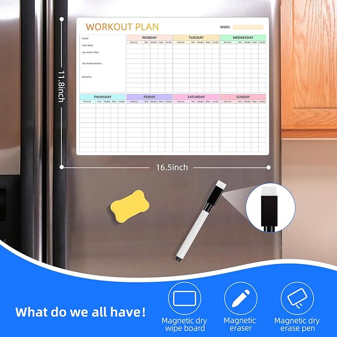 Workout Plan Dry Erase Magnetic Whiteboard for Refrigerator-Weekly Fitness Tracker Gym Exercise Tracker Schedules and Checklists