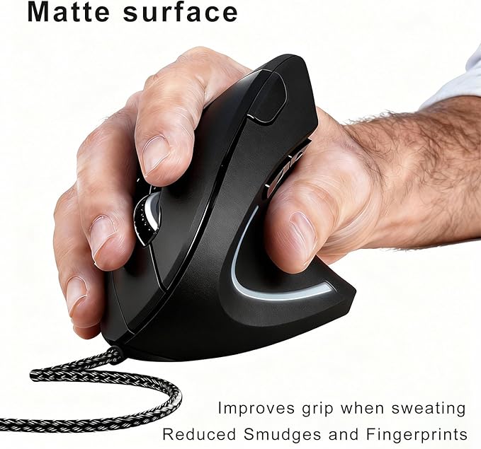 ROCK&ROWN Wired Ergonomic Mouse,Vertical Mouse with Nylon-Braided Cable,6 Buttons,6400 Adjustable DPI,Silent Mouse for PC,Mac,Laptop - Black