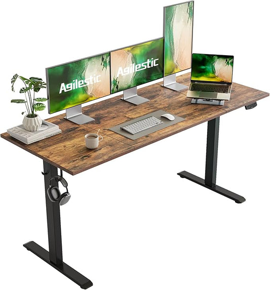 Agilestic Electric Standing Desk, 63 x 24 Inches Height Adjustable Desk, Sit Stand up Desk for Work Office Home, Splice Board, Rustic Brown