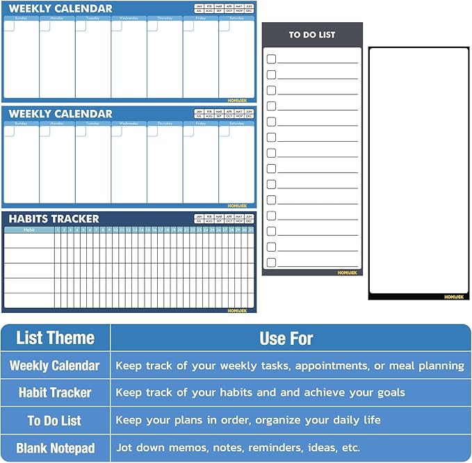 HOMiDEK Dry Erase Whiteboard for Fridge - Magnetic White Board for Refrigerator - 2 Sheets of Weekly Calenders, Monthly Habit Tracker, Memo Pad, to Do List and 4 Markers - 4" x 10"