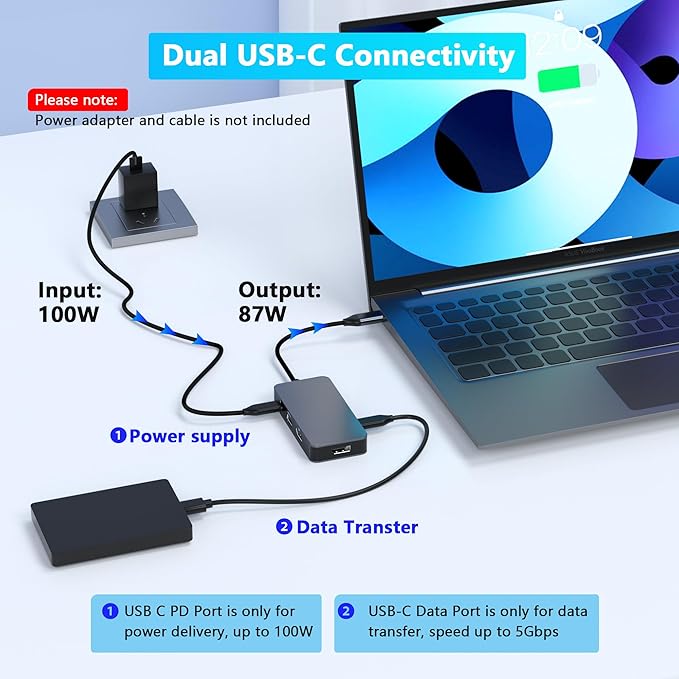 Display port Splitter for Dual Monitors, Dual Display Port USB C Docking Station for Dell/HP/Mac Laptop, 7 IN 1 4K@60Hz Docking Station Dual Monitor with USB3.0/USB-C Data/100W PD, Displayport MST Hub