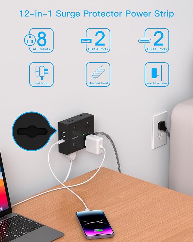 Surge Protector Power Strip 25 Ft Cord, Ultra Thin Flat Extension Cord with 8 Outlets 4 USB Ports(2 USB C), Flat Plug Power Strip, 25 Ft Long Braided Power Cord for College Dorm Room Essentials-BK