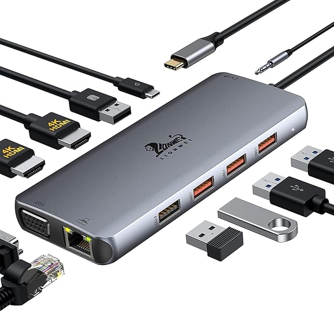 LIONWEI 11 in 1 USB C Laptop Docking Station Dual Monitor, Dual 4K HDMI+VGA, 3 * 10Gbps USB 3.1, PD, Ethernet, Audio/Mic, USB C Hub for Dell/Surface/HP/Lenovo Laptops