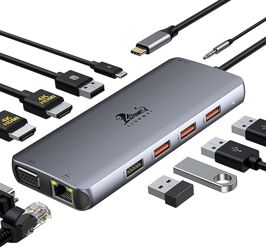 LIONWEI 11 in 1 USB C Laptop Docking Station Dual Monitor, Dual 4K HDMI+VGA, 3 * 10Gbps USB 3.1, PD, Ethernet, Audio/Mic, USB C Hub for Dell/Surface/HP/Lenovo Laptops