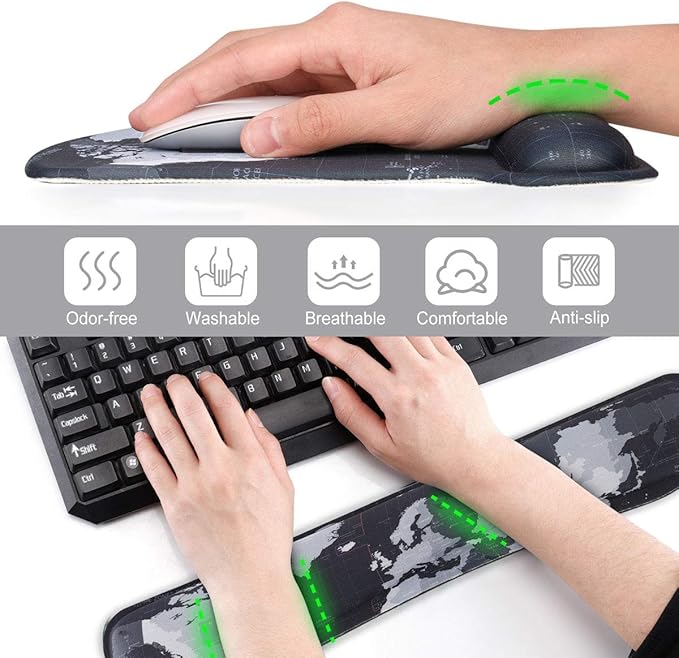 ToLuLu Keyboard Wrist Rest Pad Ergonomic Mouse Pad Set, Mouse Pad for Computer Laptop, Non Slip Mousepad Keyboard Wrist Support with Raised Memory Foam for Easy Typing Pain Relief, Cool World Map