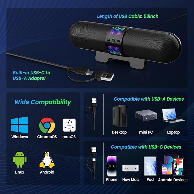BESTISAN Computer Speaker, Bluetooth 5.3/Wired USB A/C Connection, 6 RGB Light Modes, Gaming Soundbar for PC/Laptop/Desktop, USB A/C Adapter, Loud Sound, Easily Clamps to Monitor, Convenient Controls
