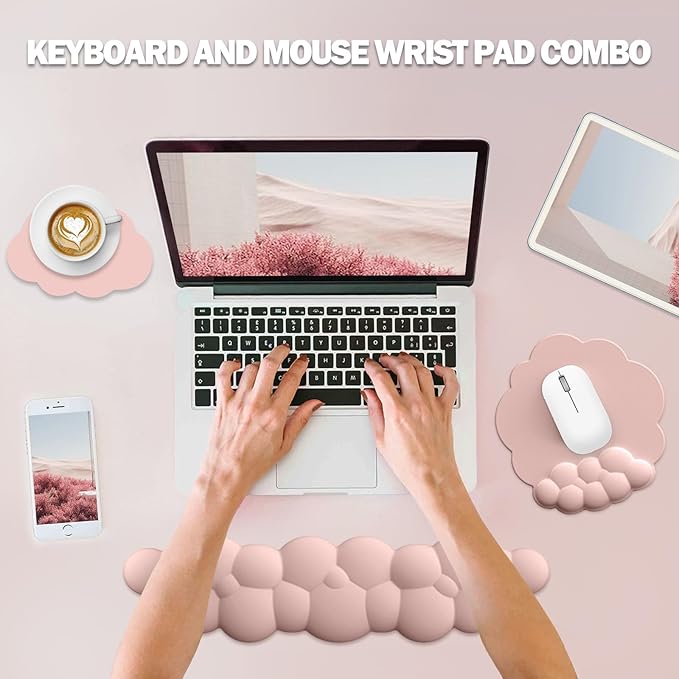 Cloud Keyboard Wrist Rest and Mouse Pad with Wrist Support Set, Ergonomic PU Leather Mouse Pads, Memory Foam Non-Slip Mousepad for Computer,Laptop, Light Pink Cloud