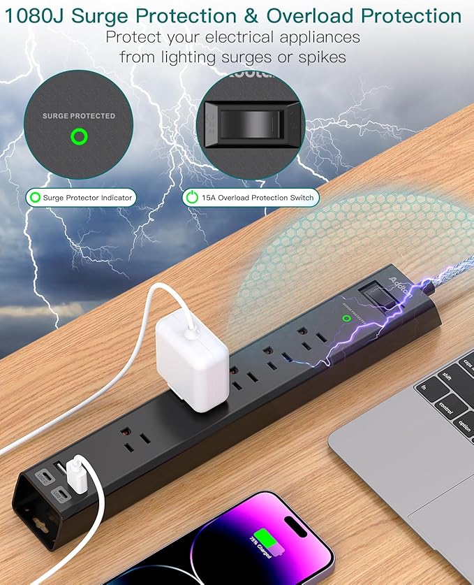 2 Pack Power Strip Surge Protector - 6Ft Extension Cord with 5 Widely Outlets 4 USB (2 USB C) Port, 1875W/15A, Wall Mount, Flat Plug, Desk Charging Station for Home Office College Dorm Room Essentials