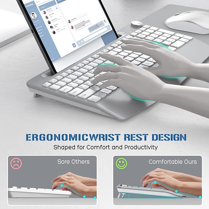 JOYACCESS Ergonomic Wireless Keyboard Mouse Combo, Full Size Wireless Keyboard Designed with Phone Holder and Wrist Rest,Volume Roller for Computer Mac PC Laptop-Silver