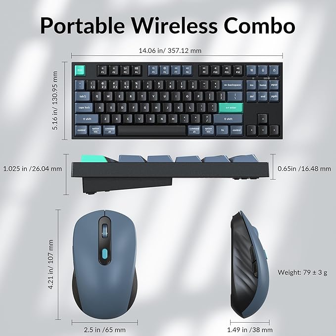 Keychron B33 Wireless Keyboard & BM25 Mouse Combo, 2.4 GHz/Bluetooth 5.2/Wired, 80% TKL Silent Portable Ergonomic Keyboard Adjustable DPI Mouse, Unifying Receiver for macOS Windows Linux