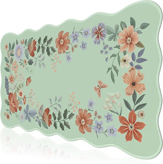 iCasso Large Mouse Pad, Scalloped Desk Matt for Desktop, Anti-Slip Big Mousepad with Stitched Edges, Floral Desk Mat for Keyboard and Mouse for Computer(Light Green)