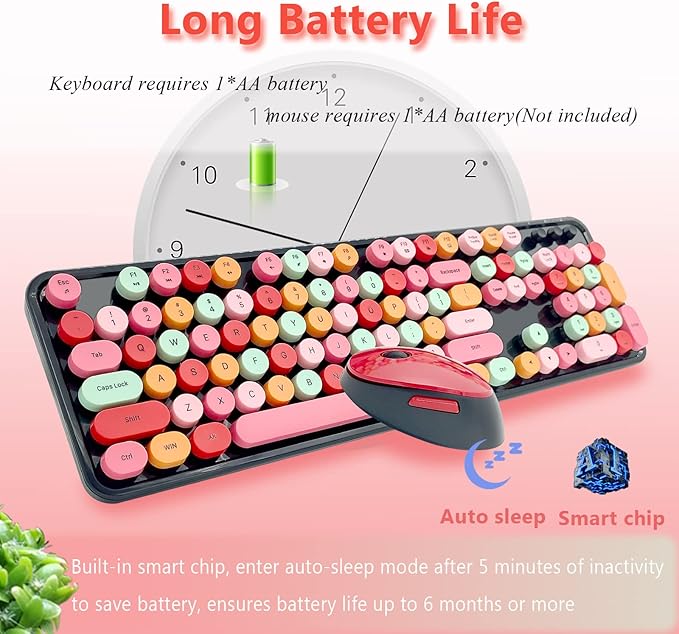Wireless Keyboard and Mouse Combo, Ergonomic Cute Retro Typewriter Full Size Colorful USB Cordless Keyboard Mouse Set for Gaming and Office (Red)