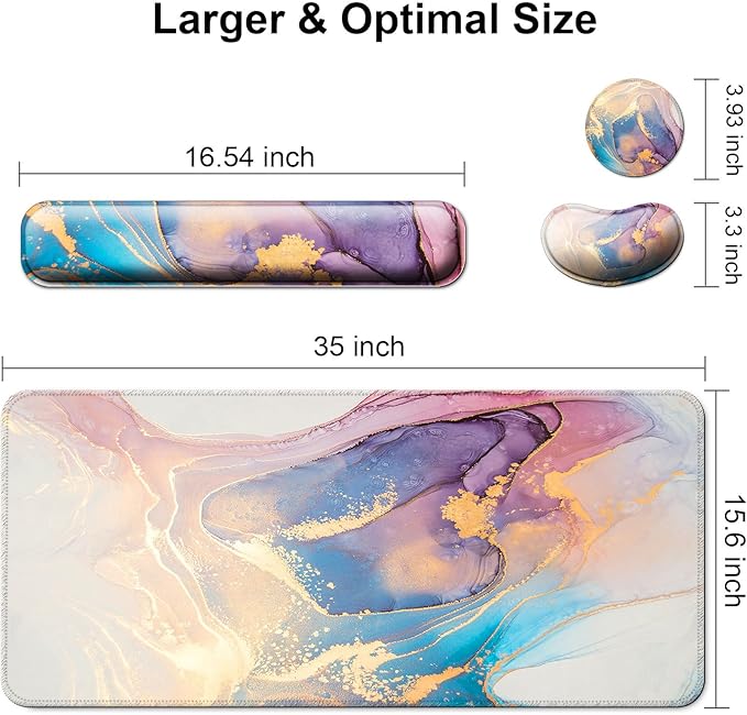 Keyboard Wrist Rest + Mouse Pad with Wrist Support + Desk Mat + Coaster 4 in 1 Set, XXL Large Gaming Mousepad Cute Ergonomic Mouse Pads for Desk Computer Laptop Office Decor-Blue Marble