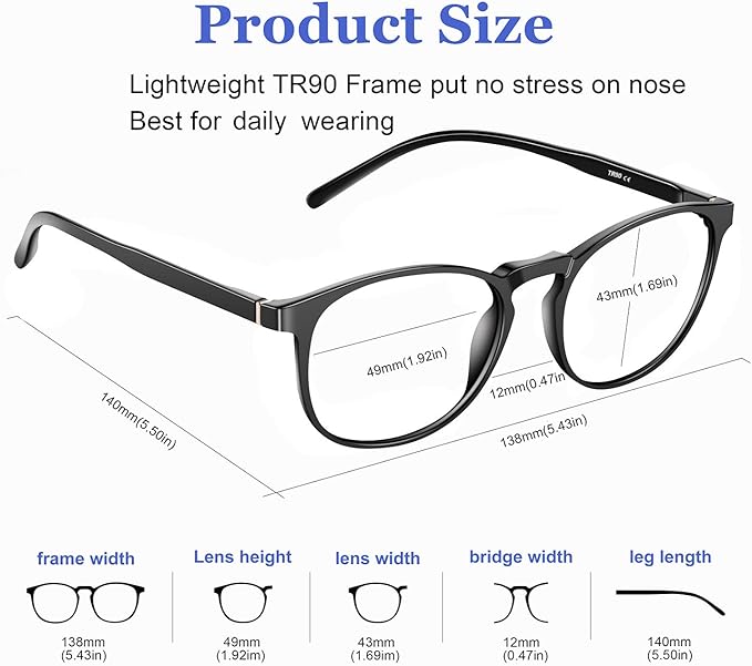 Blue Light Blocking Glasses Women/Men,Retro Round Anti Eyestrain Computer Gaming Glasses(Black+Blue)
