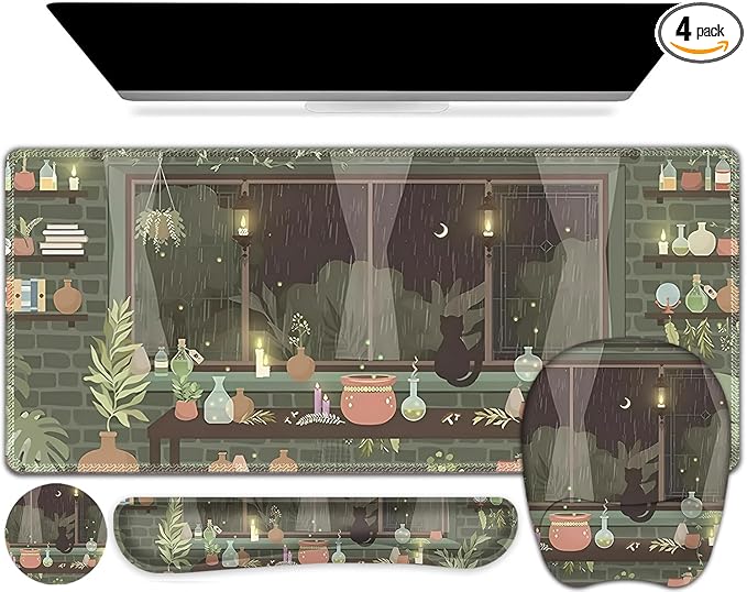 Aesthetics Large Mouse Pad with Wrist Support 4 in1 Set, XXL Big Game Mousepad + Keyboard Wrist Rest + Mouse Wrist Rest Pad +Coaster Gaming Mat for Home Office Computer I Green Plants and Black Cat