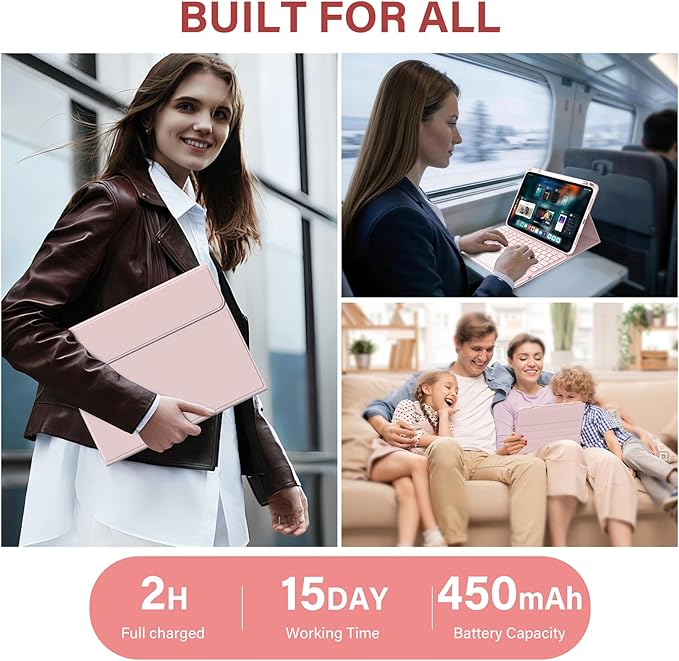 for iPad A16 11th 10th Case with Keyboard: Backlit Keyboard Case with Trackpad & Pencil Holder, Magnetic Detachable for Students Daily Learning & Note-Taking, Pink