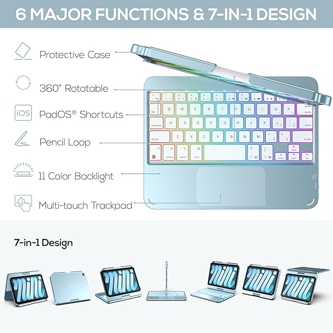 typecase Keyboard Case for iPad mini 7 (2024) & mini 6 (2021) - Wireless Case with Keyboard for iPad mini 7th 6th Generation 8.3" - 11 Colors Backlit Keyboard Cover with Trackpad - Light Blue