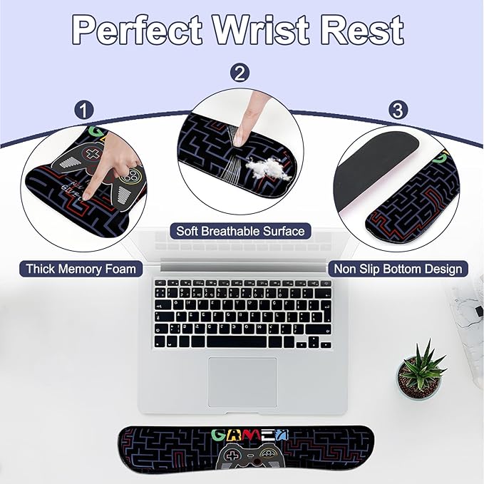 MEGREZ 4-in-1 Ergonomic Memory Foam Wrist Rest Set, Desk Pad, Mouse Pad with Wrist Rest, Keyboard Pad, Suitable for Office Workers, Programmers & Gamers–Relieve Typing & Gaming Fatigue, Black