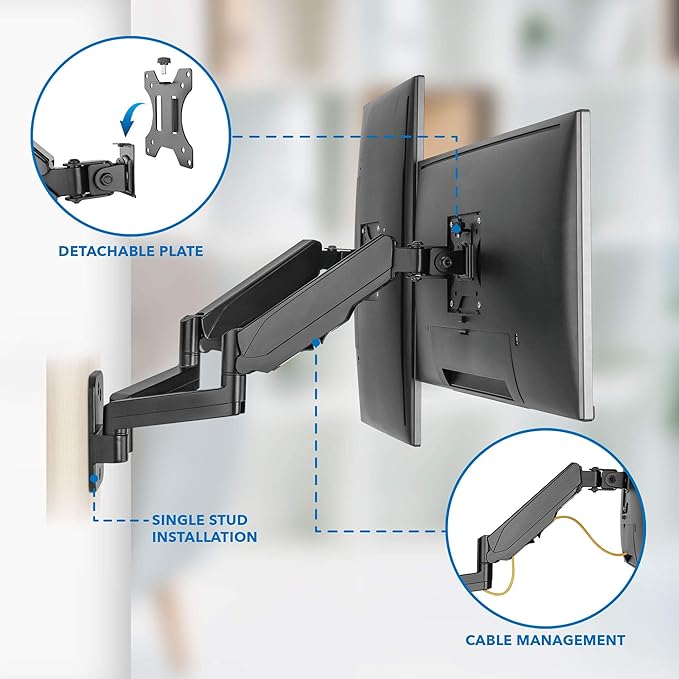 Mount-It! Dual Monitor Wall Mount Bracket - Double Computer Monitor Wall Mount With Two Height Adjustable Full Motion Arms Tilt up to 17" - 32" Inch Screens with 75, 100 VESA Patterns, 19.8 Lb Per Arm