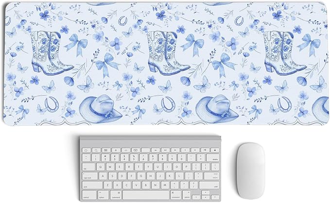 Light Blue Western Desk Mat,Cowgirl Mouse Pad,Blue And White Floral Large Mouse Pad,Western Desk Accessories for Dorm Office Decor, 31.5x11.8 Inch