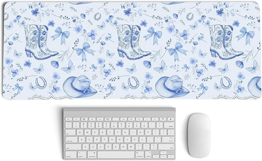 Light Blue Western Desk Mat,Cowgirl Mouse Pad,Blue And White Floral Large Mouse Pad,Western Desk Accessories for Dorm Office Decor, 31.5x11.8 Inch