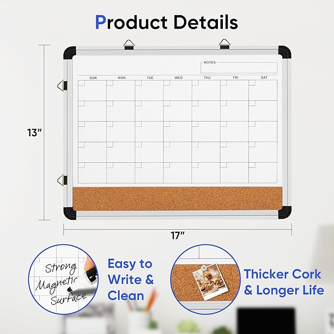 VUSIGN Dry Erase Calendar Whiteboard for Wall, 17'' x13'' Magnetic Whiteboard Cork Board Combo, Small Monthly White Board with Marker, Eraser & Push Pins in Home Office Kitchen School Planner