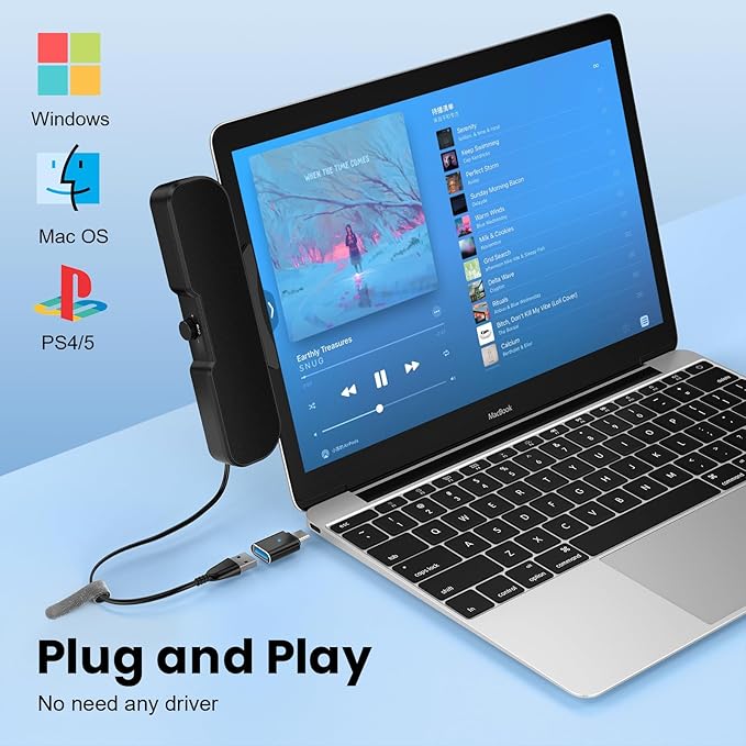 Cirqon Computer Speakers for Desktop PC Monitor, Easy Volume Knob, Sturdy Clamp, Basic Sound, Laptop Speakers with Compact Design, USB/USB C Adapter for Power and Audio(Black)