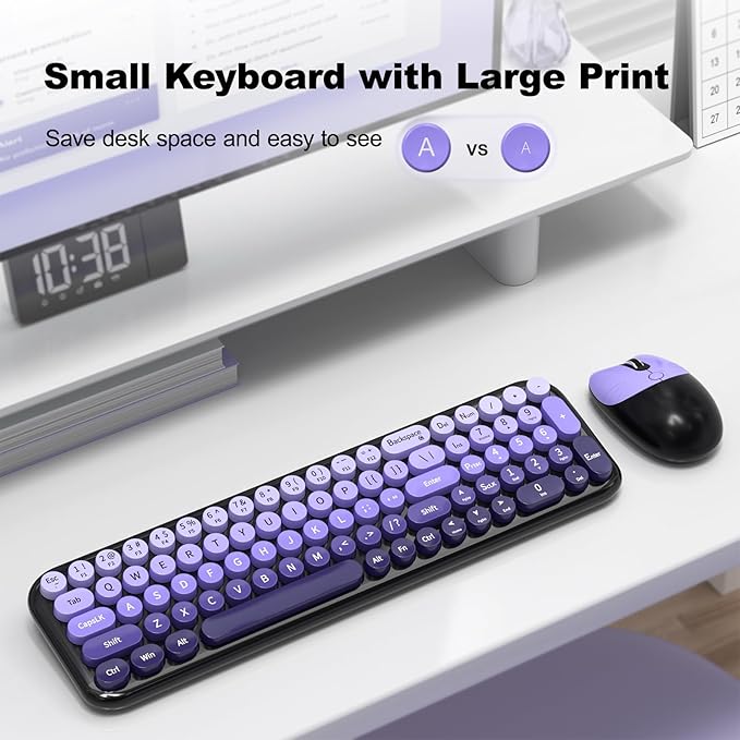 MOFII Wireless Keyboard and Mouse Combo, Compact Typewriter Retro Round Computer Keyboard and Mouse Set, Plug and Play, for Windows, Computer, Desktop, PC, Notebook - (Black Purple Gradient)