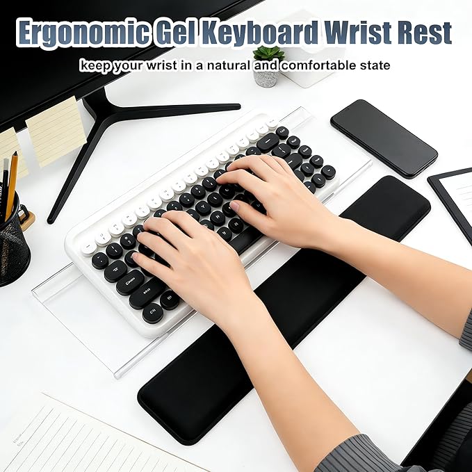Acrylic Computer Keyboard Stand with Gel Wrist Rest Set,Ergonomic Keyboard Riser for Desk Easy Typing with Gel Keyboard Pad, Anti-Slip Comfort Keyboard Wrist Pad Relief Pain (Black)