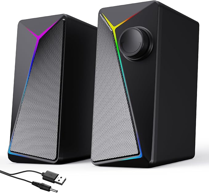 Computer Speakers for Desktop PC, USB-Powered Gaming Speakers for Laptop – Multi Colorful LED Backlight Modes, Stereo Sound for Gamers Music Movies, Indoor & Outdoor Use, 3.5mm AUX Cable