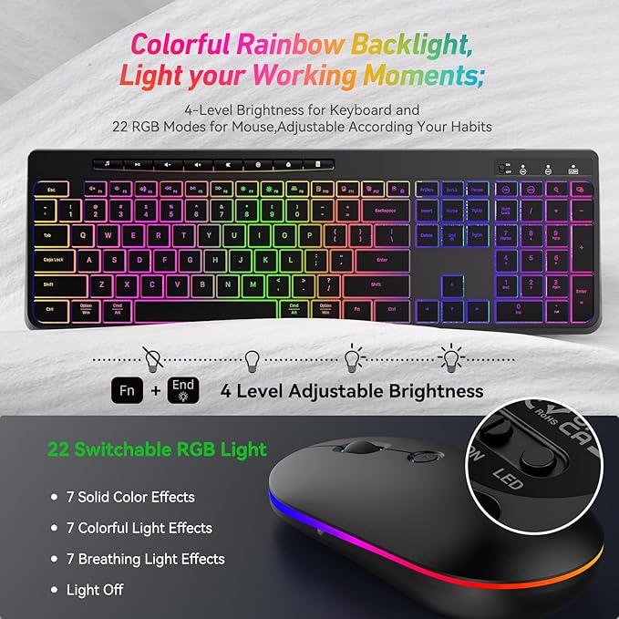 Wireless Keyboard and Mouse Combo With Backlit,2.4G Full Size Ergonomic Keyboard with Light Up Letters,Rechargeable and Slim RGB Mouse,Silent Click For Windows/MAC PC,Laptop,Chromebook,Surface,Macbook