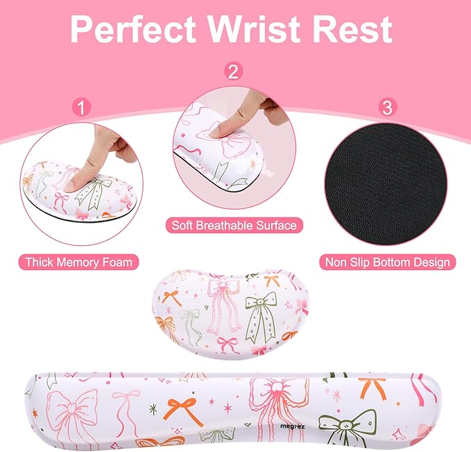 MEGREZ 4-in-1 Ergonomic Memory Foam Wrist Rest Set, Desk Pad, Mouse Pad with Wrist Rest, Keyboard Pad, Suitable for Office Workers, Programmers & Gamers–Relieve Typing & Gaming Fatigue, Bow