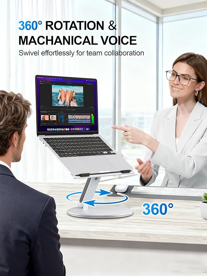 Adjustable Laptop Stand for Desk - 360° Rotating Ergonomic Riser with Aluminum Cooling Vents & Sturdy Construction for 10-16 Inch MacBook Pro/Air, Foldable Portable for Office & Home - Silver