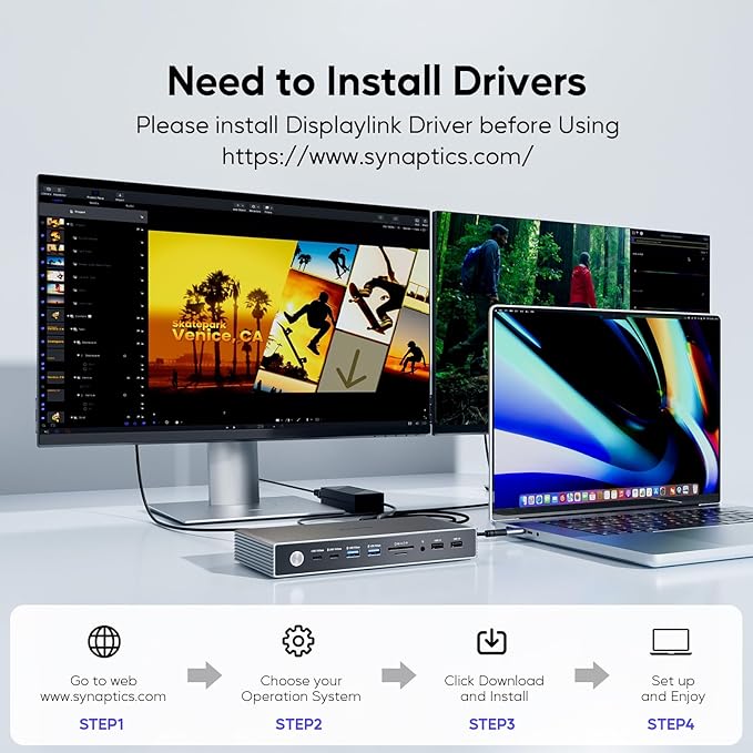 Displaylink Docking Station, USB C Docking Station Dual Displays for MacBook M1/M2/M3/M4 Windows, 4K@60Hz Displaylink Dock with 2 HDMI, 2 Display Port, 2USB C Data, 6 USBA, Ethernet, Audio
