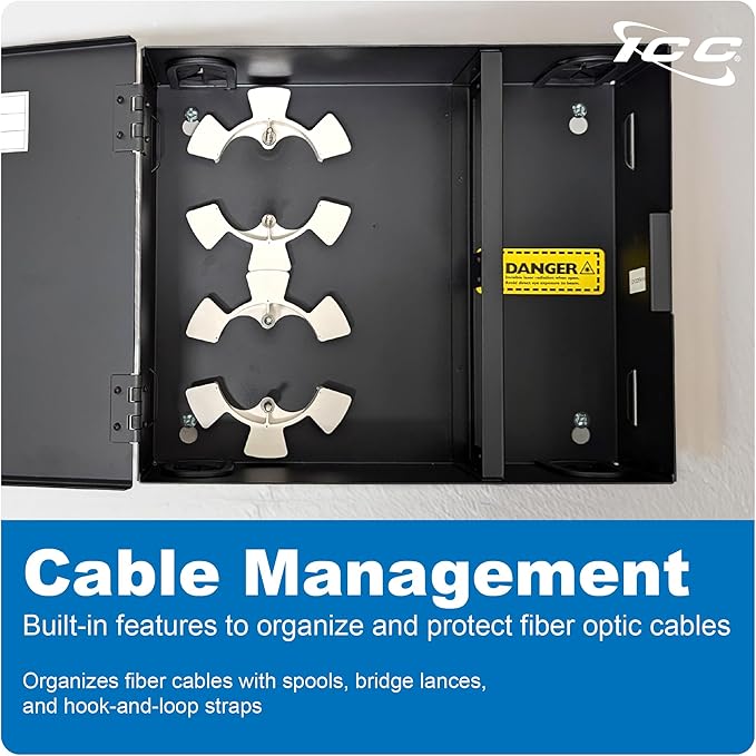 ICC Fiber Optic Wall Mount Enclosure – 4 Slots for LGX Compatible Adapter Panels or Cassettes (Sold Separately), Fiber Enclosure Supports up to 96 Fibers, Secure Fiber Management Solution, ICFODE41WM