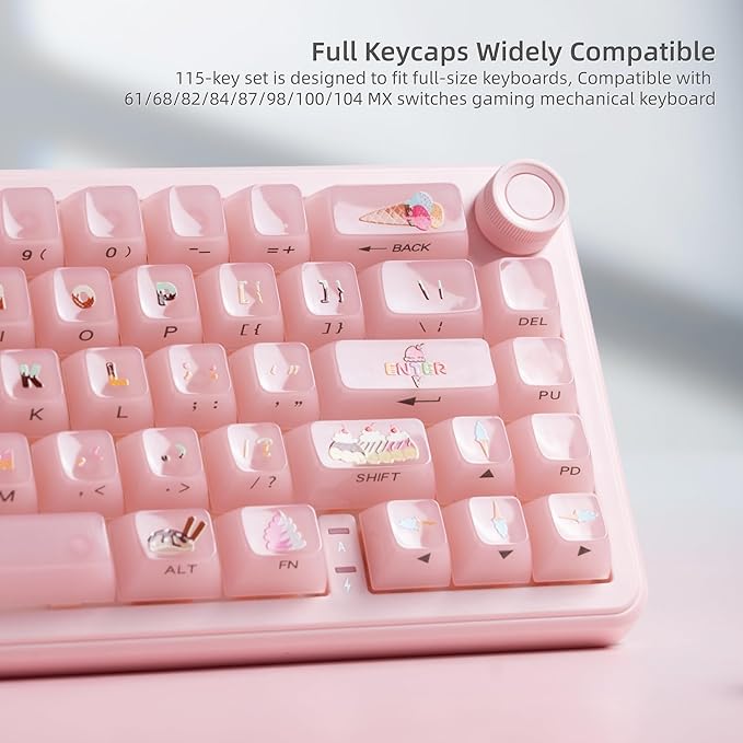 Womier Keyboard Keycaps Jelly,Ceramic Keycaps Style, Clear Ice-Cream Pink Cute Key Cap,Transparent Side Printed Custom 60 65 75 100 Percent for Cherry MX,Gateron Mechanical Keyboards,MDA Profile