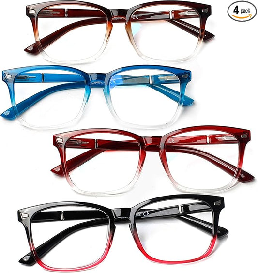 Henotin 4-Pack Blue Light Blocking Reading Glasses Women Men,Spring Hinge Computer Readers,Anti UV Ray Square Nerd Eyeglasses (Mixed Color-A, 1.75)